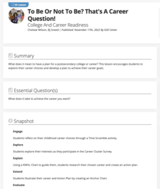 To Be or Not to Be? That’s a Career Question! College and Career Readiness Lesson Plan To Be or Not to Be? That’s a Career Question! College and Career Readiness Lesson Plan