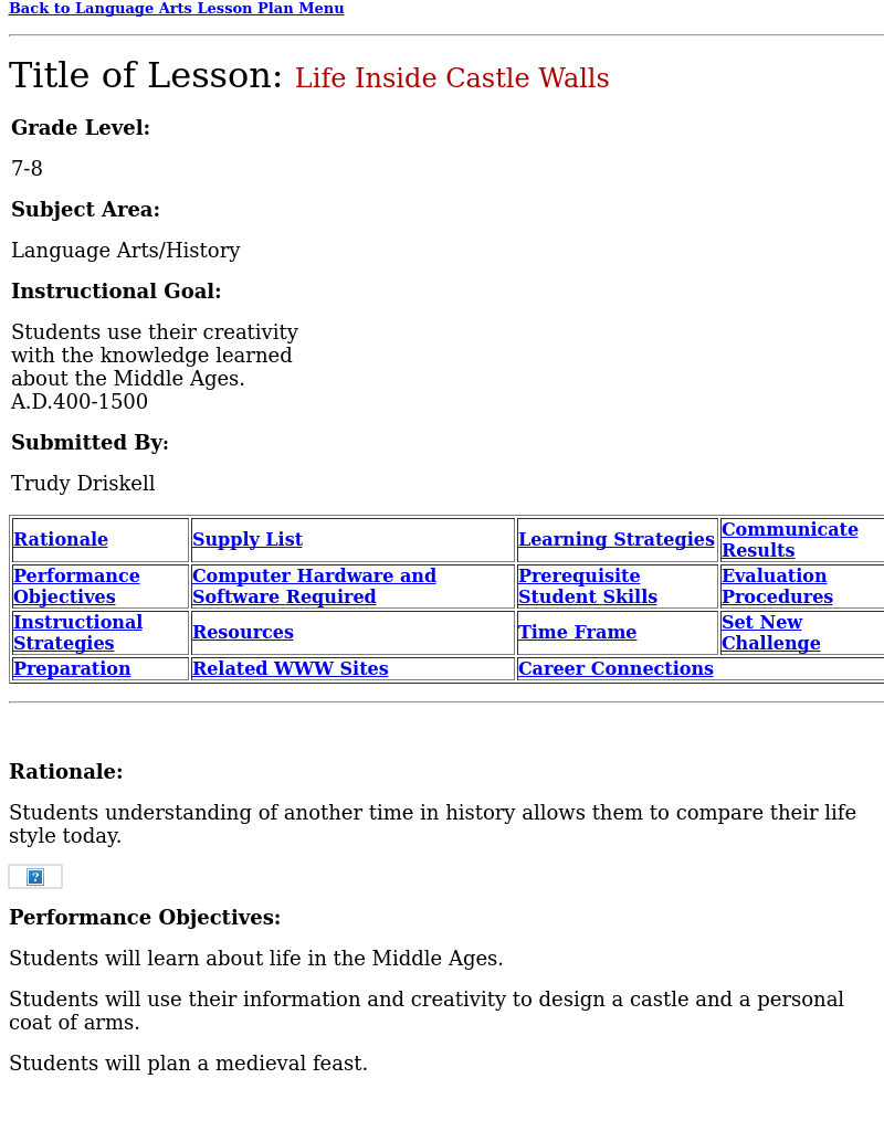 Life Inside Castle Walls Lesson Plan Life Inside Castle Walls Lesson Plan