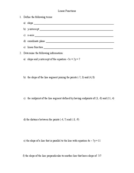 Linear Functions Worksheet Linear Functions Worksheet
