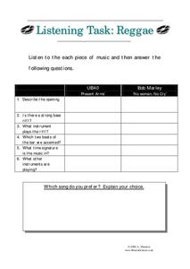 Listening Task: Reggae Worksheet Listening Task: Reggae Worksheet