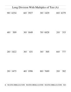 Long Division with Multiples of Ten Worksheet Long Division with Multiples of Ten Worksheet