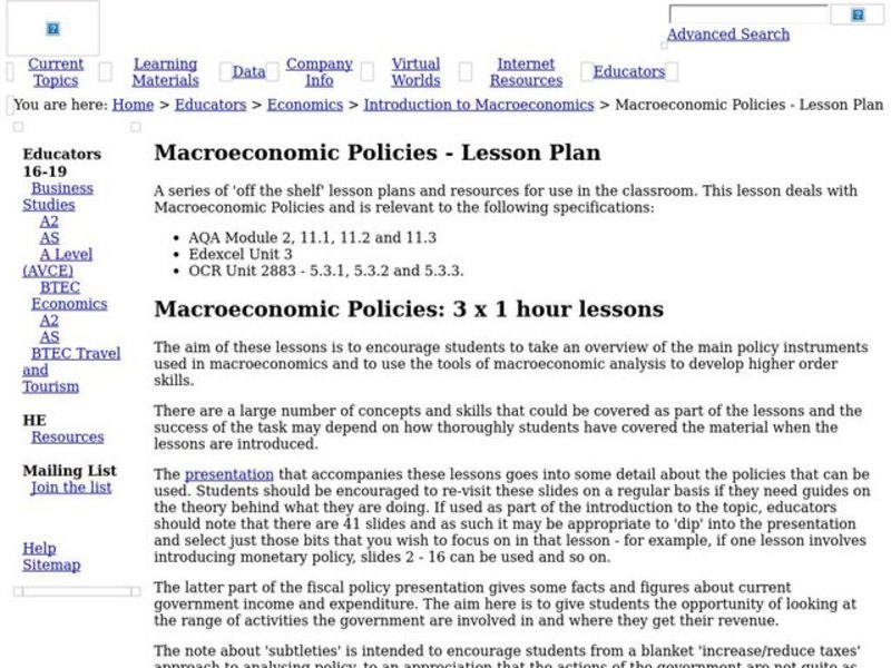Macroeconomic Policies Lesson Plan Macroeconomic Policies Lesson Plan