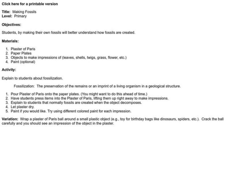 Making Fossils Lesson Plan Making Fossils Lesson Plan