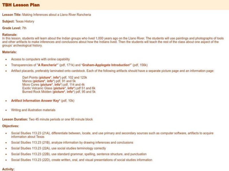 Making Inferences about a Llano River Rancheria Lesson Plan Making Inferences about a Llano River Rancheria Lesson Plan