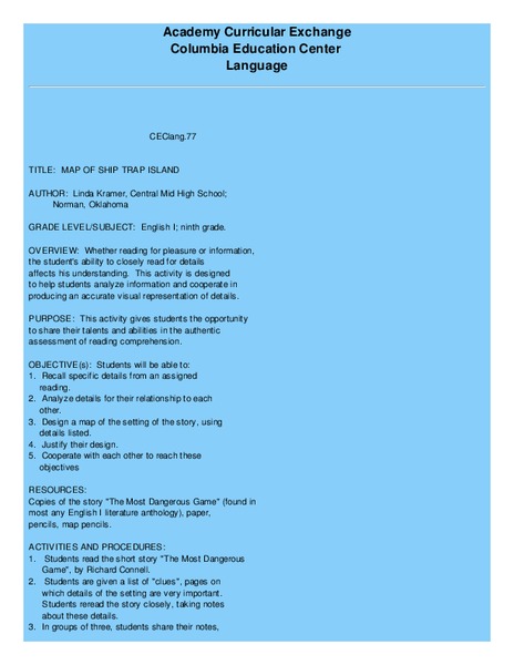 Map of Ship Trap Island Lesson Plan Map of Ship Trap Island Lesson Plan