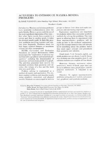 Maxima and Minima Worksheet Maxima and Minima Worksheet