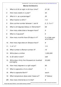 Mental Arithmetic Worksheet Mental Arithmetic Worksheet
