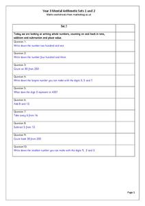 Mental Arithmetic Worksheet Mental Arithmetic Worksheet