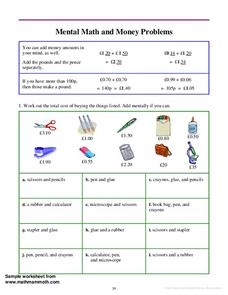 Mental Math and Money Problems Worksheet Mental Math and Money Problems Worksheet