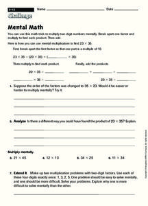Mental Math Worksheet Mental Math Worksheet
