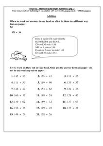 Mentally Add Larger Numbers Worksheet Mentally Add Larger Numbers Worksheet