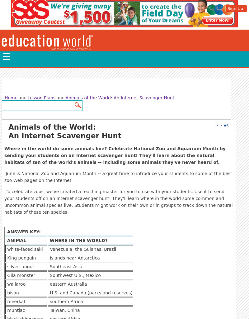Animals of the World: An Internet Scavenger Hunt! Lesson Plan Animals of the World: An Internet Scavenger Hunt! Lesson Plan