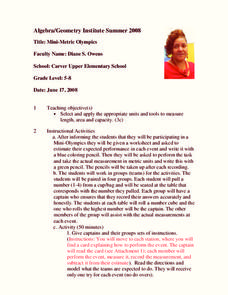 Mini-Metric Olympics Lesson Plan Mini-Metric Olympics Lesson Plan