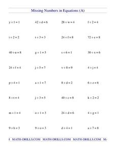 Missing Numbers in Equations (A) Worksheet Missing Numbers in Equations (A) Worksheet