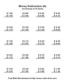 Money Subtraction (A) Worksheet Money Subtraction (A) Worksheet