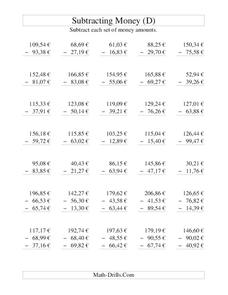 Money Subtraction (D) Worksheet Money Subtraction (D) Worksheet