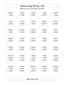 Money Subtraction (D) Worksheet Money Subtraction (D) Worksheet