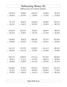 Money Subtraction (E) Worksheet Money Subtraction (E) Worksheet