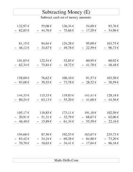 Money Subtraction (E) Worksheet Money Subtraction (E) Worksheet