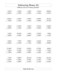 Money Subtraction (E) Worksheet Money Subtraction (E) Worksheet