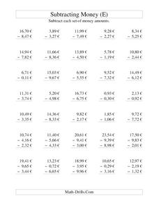 Money Subtraction (E) Worksheet Money Subtraction (E) Worksheet