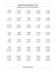 Money Subtraction (F) Worksheet Money Subtraction (F) Worksheet