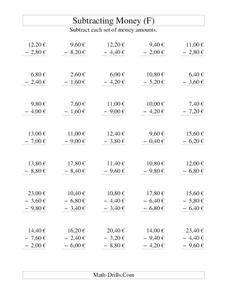 Money Subtraction (F) Worksheet Money Subtraction (F) Worksheet