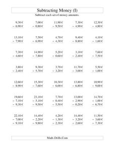 Money Subtraction (I) Worksheet Money Subtraction (I) Worksheet