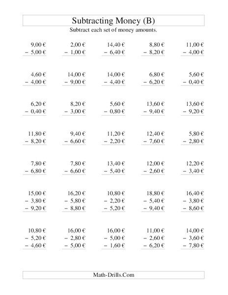 Money Subtraction: 20 Cent Increments - Euros Lesson Plan Money Subtraction: 20 Cent Increments - Euros Lesson Plan