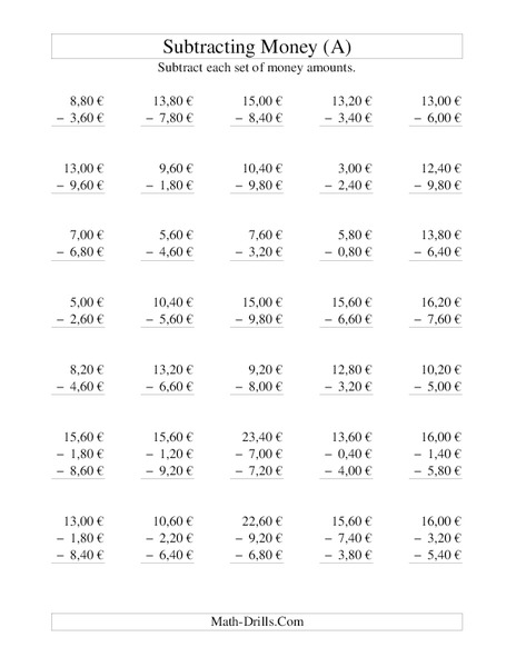 Money Subtraction: 20 Cent Increments - Euros Lesson Plan Money Subtraction: 20 Cent Increments - Euros Lesson Plan