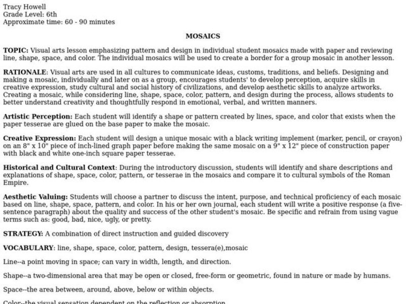 Mosaics Lesson Plan Mosaics Lesson Plan