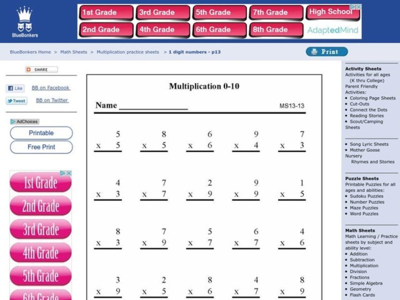 Multiplication 0-10 Worksheet Multiplication 0-10 Worksheet