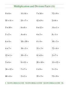 Multiplication and Division Facts (A) Worksheet Multiplication and Division Facts (A) Worksheet