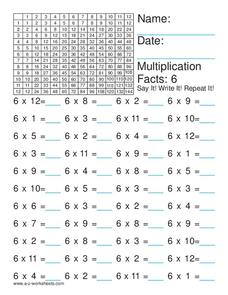 Multiplication Facts: 6 Worksheet Multiplication Facts: 6 Worksheet