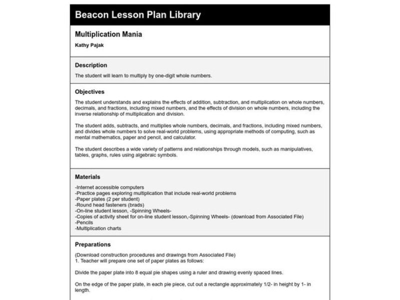 Multiplication Mania Lesson Plan Multiplication Mania Lesson Plan