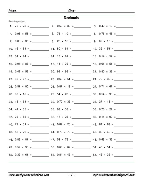 Multiply Decimals Worksheet Multiply Decimals Worksheet