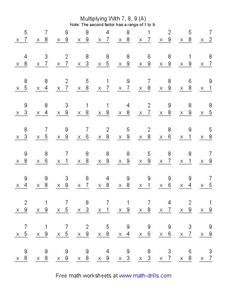 Multiplying With 7, 8, 9 (A) Worksheet Multiplying With 7, 8, 9 (A) Worksheet