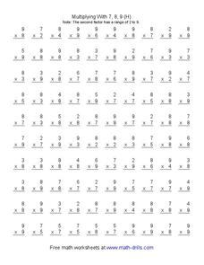 Multiplying With 7, 8, 9 (H) Worksheet Multiplying With 7, 8, 9 (H) Worksheet