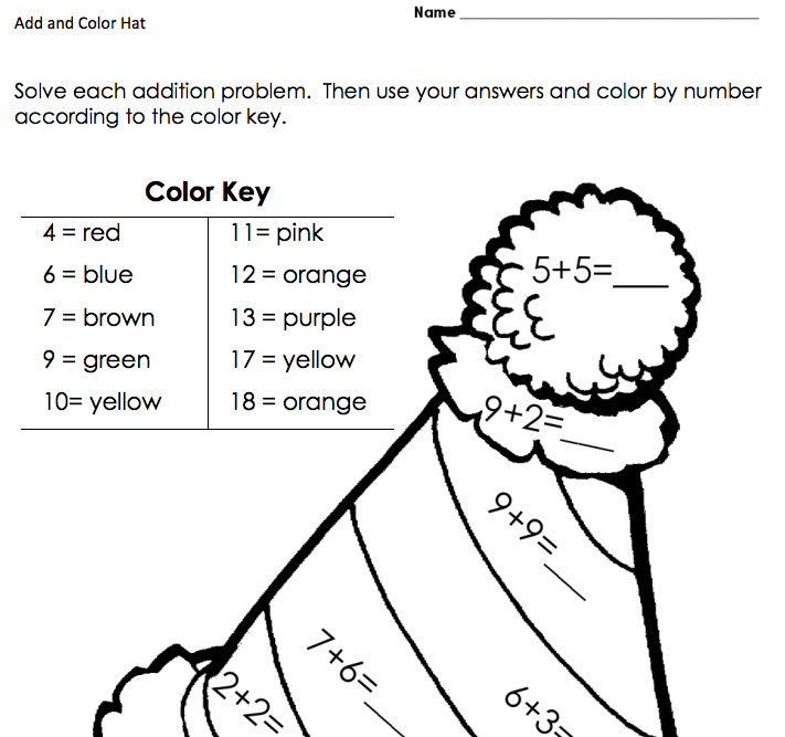 Add and Color Hat Worksheet Add and Color Hat Worksheet