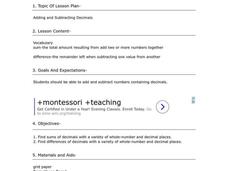 Adding and Subtracting Decimals Lesson Plan Adding and Subtracting Decimals Lesson Plan