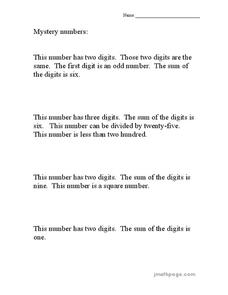 Mystery Numbers Worksheet Mystery Numbers Worksheet