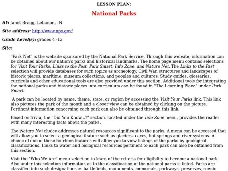 National Parks Lesson Plan National Parks Lesson Plan