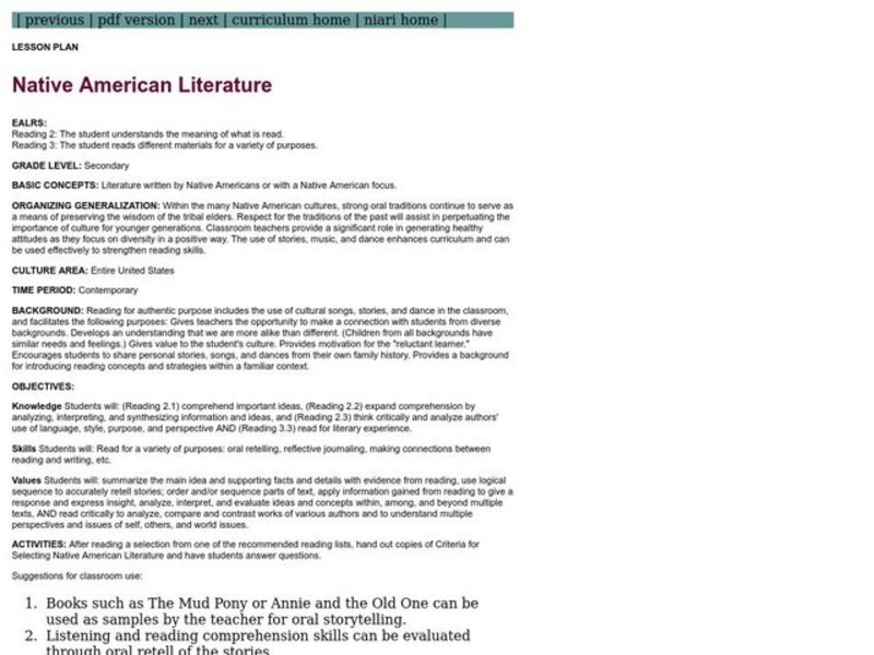 Native American Literature Lesson Plan Native American Literature Lesson Plan