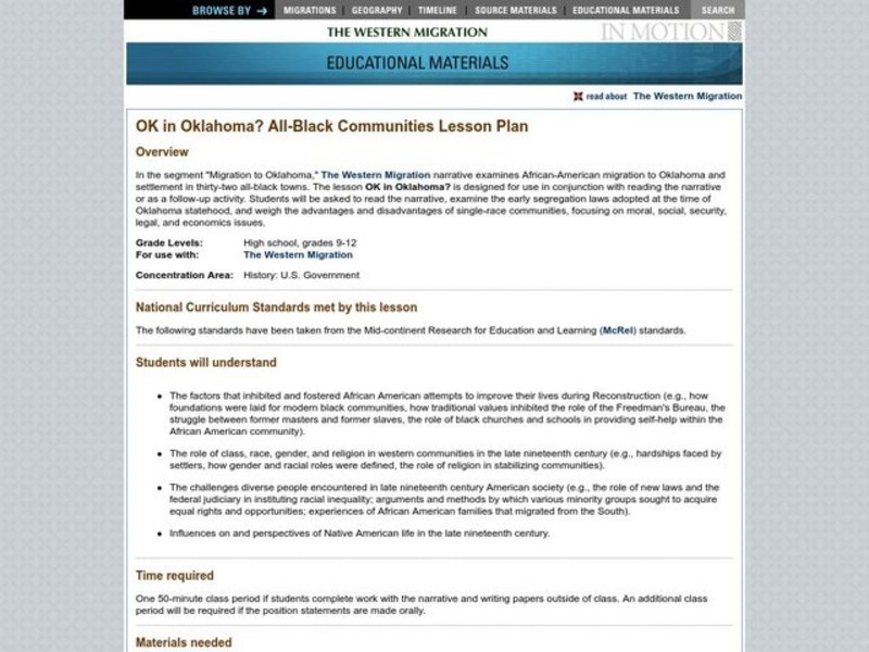OK in Oklahoma? All-Black Communities Lesson Plan OK in Oklahoma? All-Black Communities Lesson Plan