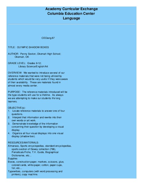 OLYMPIC SHADOW BOXES Lesson Plan OLYMPIC SHADOW BOXES Lesson Plan