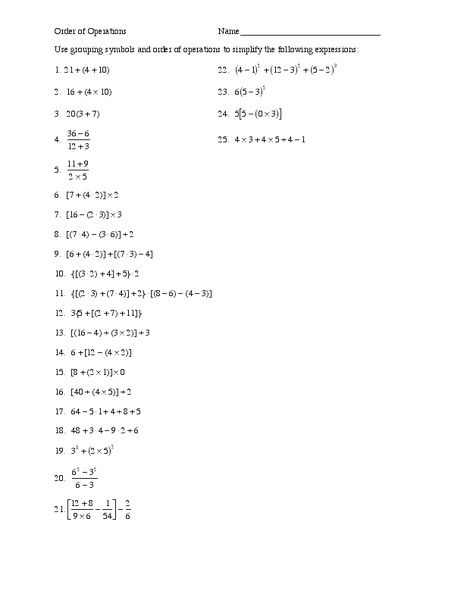 Order of Operations Worksheet Order of Operations Worksheet