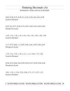 Ordering Decimals (A) Worksheet Ordering Decimals (A) Worksheet