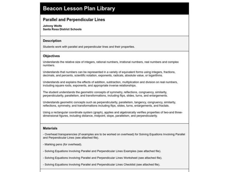 Parallel and Perpendicular Lines Lesson Plan Parallel and Perpendicular Lines Lesson Plan