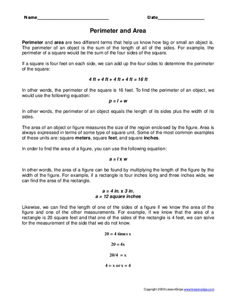 Perimeter and Area Worksheet Perimeter and Area Worksheet
