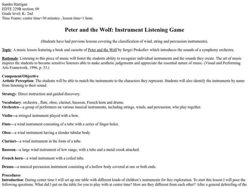 Peter And The Wolf: Instrument Listening Game Lesson Plan Peter And The Wolf: Instrument Listening Game Lesson Plan
